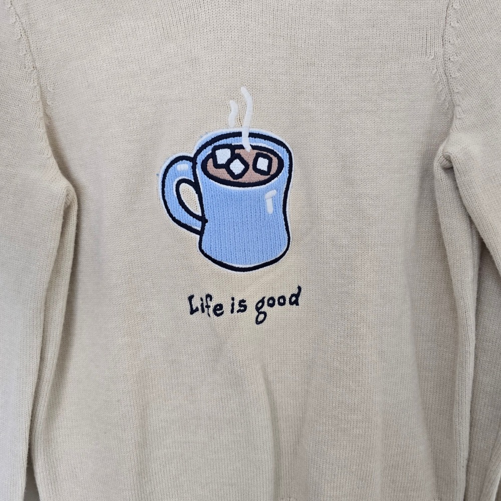 Life is Good Hoodie Sweater Women XS Beige Hot Cocoa Graphic WH52987-101-8PA - Picture 2 of 5